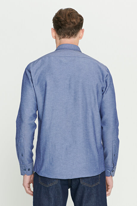 Düğmeli Yaka Kolay Ütülenebilir Pamuklu Slim Fit Dar Kesim Oxford Lacivert Gömlek resmi