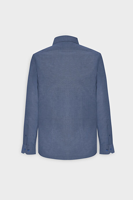 Düğmeli Yaka Kolay Ütülenebilir Pamuklu Slim Fit Dar Kesim Oxford Lacivert Gömlek resmi