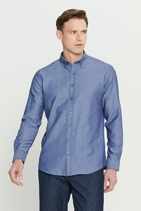 Düğmeli Yaka Kolay Ütülenebilir Pamuklu Slim Fit Dar Kesim Oxford Lacivert Gömlek resmi