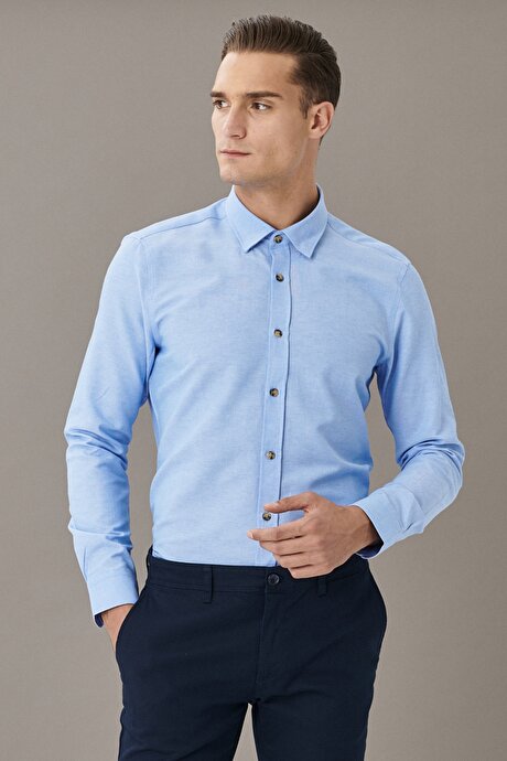 Düğmeli Yaka Tailored Slim Fit Dar Kesim Oxford Mavi Gömlek resmi