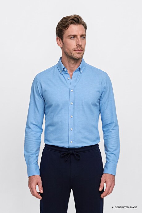 Düğmeli Yaka Kolay Ütülenebilir Pamuklu Slim Fit Dar Kesim Oxford Mavi Gömlek resmi