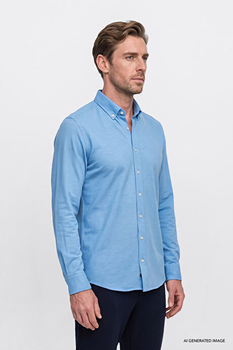 Düğmeli Yaka Kolay Ütülenebilir Pamuklu Slim Fit Dar Kesim Oxford Mavi Gömlek resmi