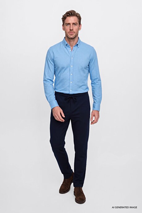 Düğmeli Yaka Kolay Ütülenebilir Pamuklu Slim Fit Dar Kesim Oxford Mavi Gömlek resmi