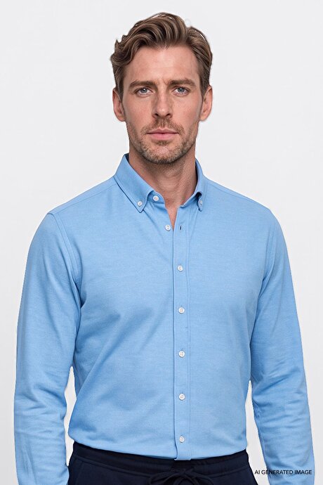 Düğmeli Yaka Kolay Ütülenebilir Pamuklu Slim Fit Dar Kesim Oxford Mavi Gömlek resmi