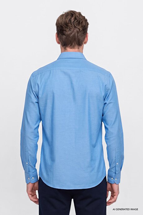 Düğmeli Yaka Kolay Ütülenebilir Pamuklu Slim Fit Dar Kesim Oxford Mavi Gömlek resmi