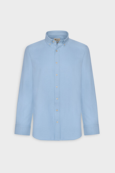 Düğmeli Yaka Kolay Ütülenebilir Pamuklu Slim Fit Dar Kesim Oxford Mavi Gömlek resmi
