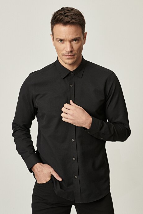 Düğmeli Yaka Tailored Slim Fit Dar Kesim Oxford Siyah Gömlek resmi