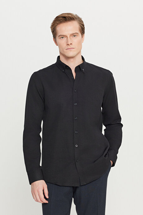 Düğmeli Yaka Kolay Ütülenebilir Pamuklu Slim Fit Dar Kesim Oxford Siyah Gömlek resmi