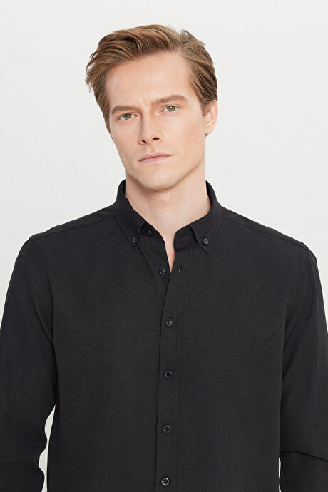 Düğmeli Yaka Kolay Ütülenebilir Pamuklu Slim Fit Dar Kesim Oxford Siyah Gömlek resmi