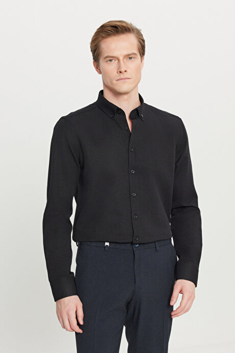 Düğmeli Yaka Kolay Ütülenebilir Pamuklu Slim Fit Dar Kesim Oxford Siyah Gömlek resmi
