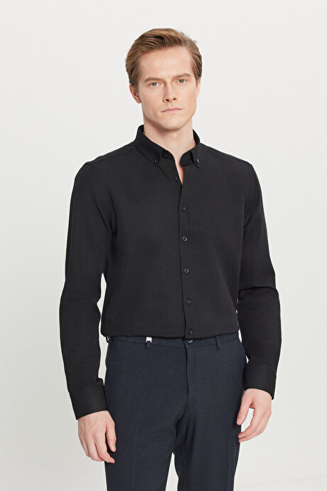 Düğmeli Yaka Kolay Ütülenebilir Pamuklu Slim Fit Dar Kesim Oxford Siyah Gömlek resmi