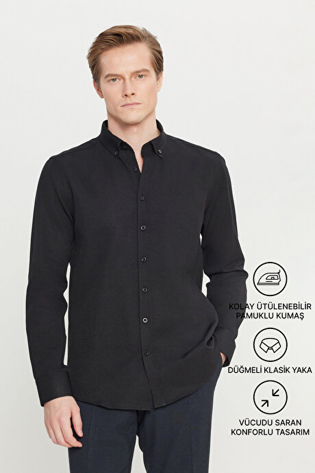 Düğmeli Yaka Kolay Ütülenebilir Pamuklu Slim Fit Dar Kesim Oxford Siyah Gömlek resmi