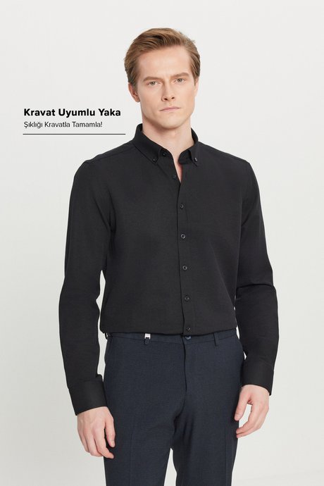Düğmeli Yaka Kolay Ütülenebilir Pamuklu Slim Fit Dar Kesim Oxford Siyah Gömlek resmi