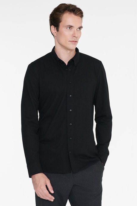 Düğmeli Yaka Kolay Ütülenebilir Pamuklu Slim Fit Dar Kesim Oxford Siyah Gömlek resmi