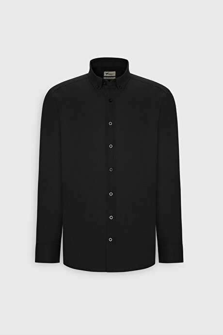 Düğmeli Yaka Kolay Ütülenebilir Pamuklu Slim Fit Dar Kesim Oxford Siyah Gömlek resmi