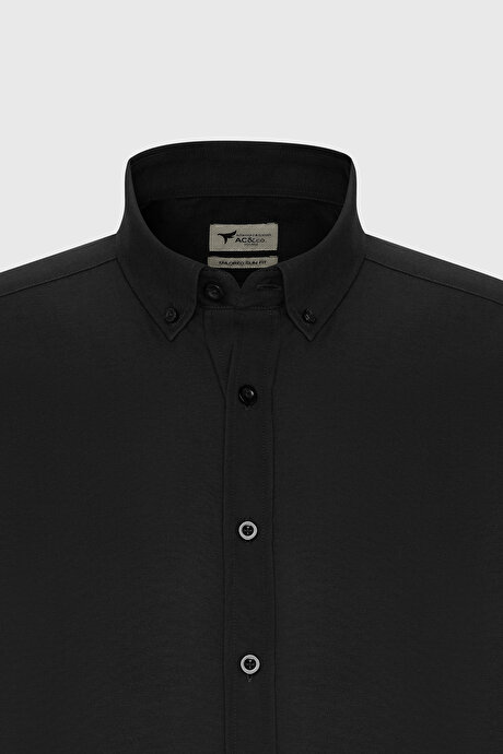 Düğmeli Yaka Kolay Ütülenebilir Pamuklu Slim Fit Dar Kesim Oxford Siyah Gömlek resmi