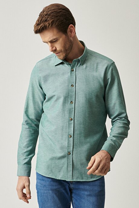 Düğmeli Yaka Tailored Slim Fit Dar Kesim Oxford Yeşil Gömlek resmi