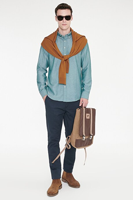 Düğmeli Yaka Kolay Ütülenebilir Pamuklu Slim Fit Dar Kesim Oxford Yeşil Gömlek resmi