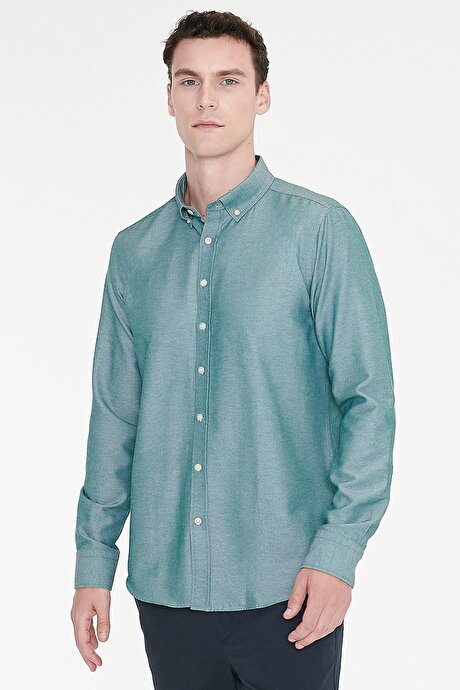 Düğmeli Yaka Kolay Ütülenebilir Pamuklu Slim Fit Dar Kesim Oxford Yeşil Gömlek resmi