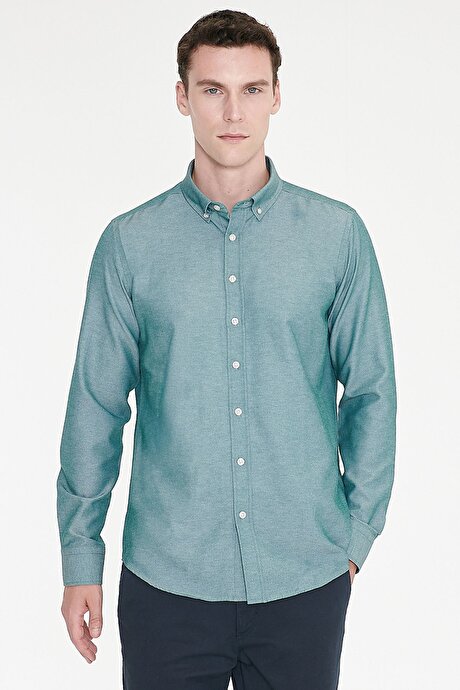 Düğmeli Yaka Kolay Ütülenebilir Pamuklu Slim Fit Dar Kesim Oxford Yeşil Gömlek resmi