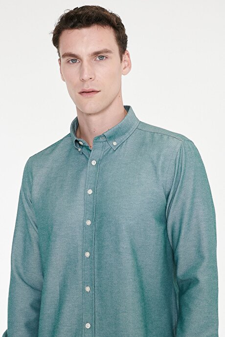 Düğmeli Yaka Kolay Ütülenebilir Pamuklu Slim Fit Dar Kesim Oxford Yeşil Gömlek resmi