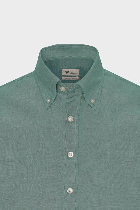 Düğmeli Yaka Kolay Ütülenebilir Pamuklu Slim Fit Dar Kesim Oxford Yeşil Gömlek resmi