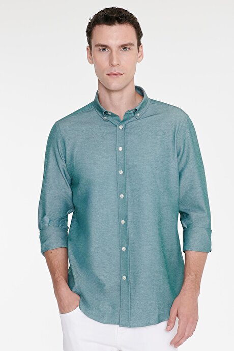 Düğmeli Yaka Kolay Ütülenebilir Pamuklu Slim Fit Dar Kesim Oxford Yeşil Gömlek resmi