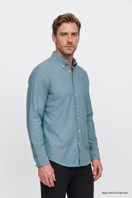 Düğmeli Yaka Kolay Ütülenebilir Pamuklu Slim Fit Dar Kesim Oxford Yeşil Gömlek resmi