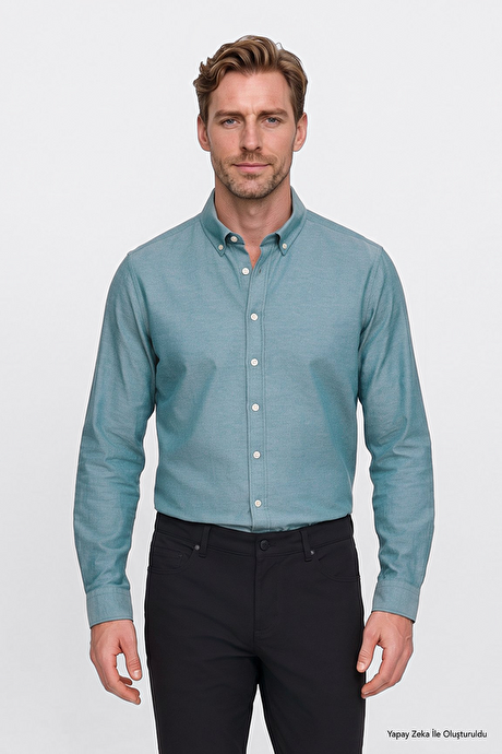 Düğmeli Yaka Kolay Ütülenebilir Pamuklu Slim Fit Dar Kesim Oxford Yeşil Gömlek resmi
