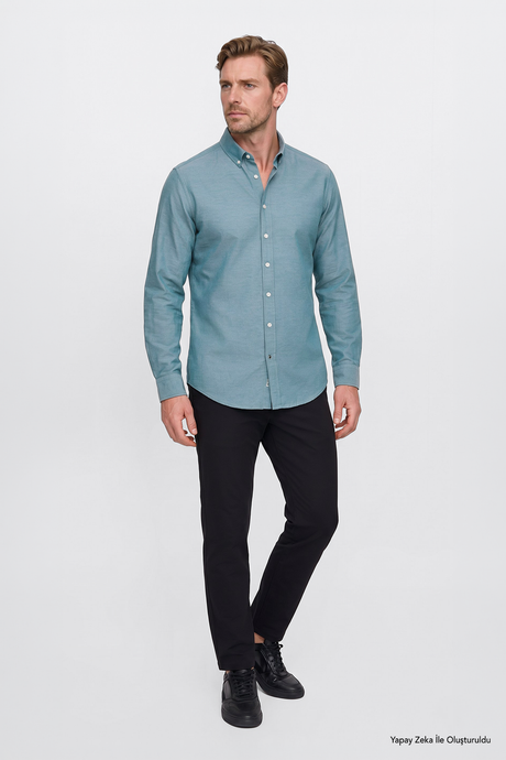 Düğmeli Yaka Kolay Ütülenebilir Pamuklu Slim Fit Dar Kesim Oxford Yeşil Gömlek resmi