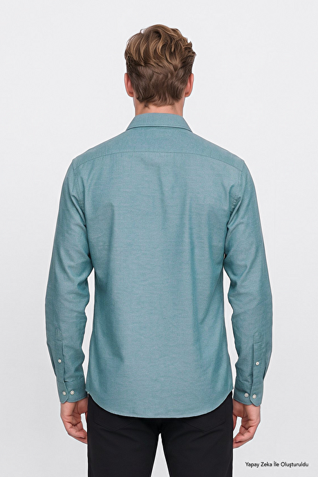 Düğmeli Yaka Kolay Ütülenebilir Pamuklu Slim Fit Dar Kesim Oxford Yeşil Gömlek resmi