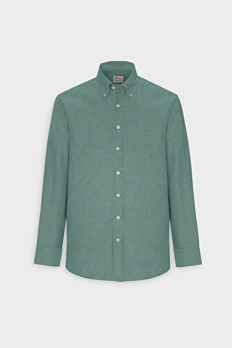 Düğmeli Yaka Kolay Ütülenebilir Pamuklu Slim Fit Dar Kesim Oxford Yeşil Gömlek resmi
