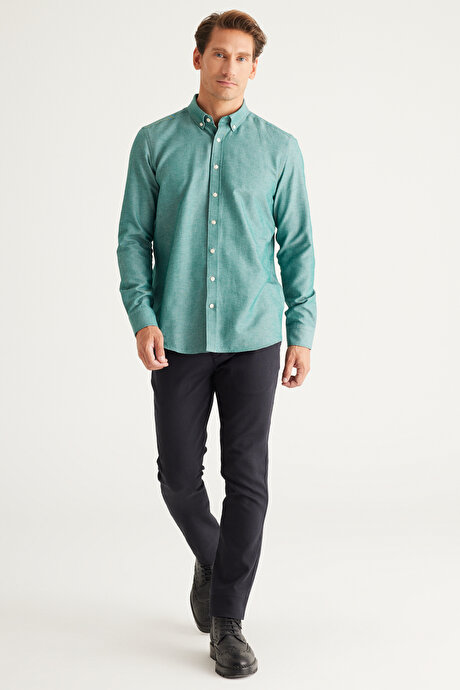 Düğmeli Yaka Kolay Ütülenebilir Pamuklu Slim Fit Dar Kesim Oxford Yeşil Gömlek resmi