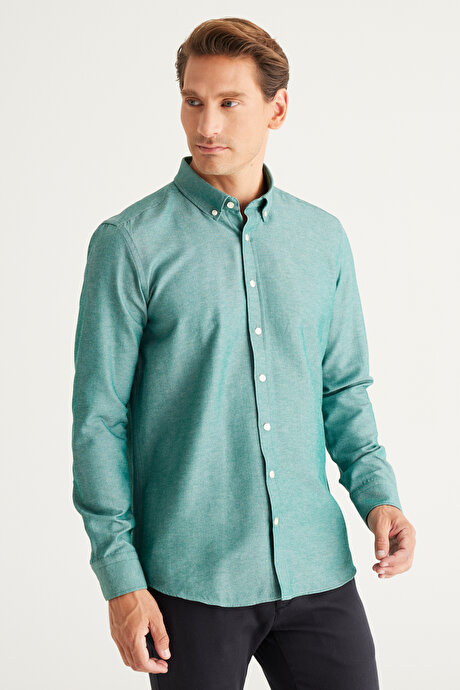 Düğmeli Yaka Kolay Ütülenebilir Pamuklu Slim Fit Dar Kesim Oxford Yeşil Gömlek resmi