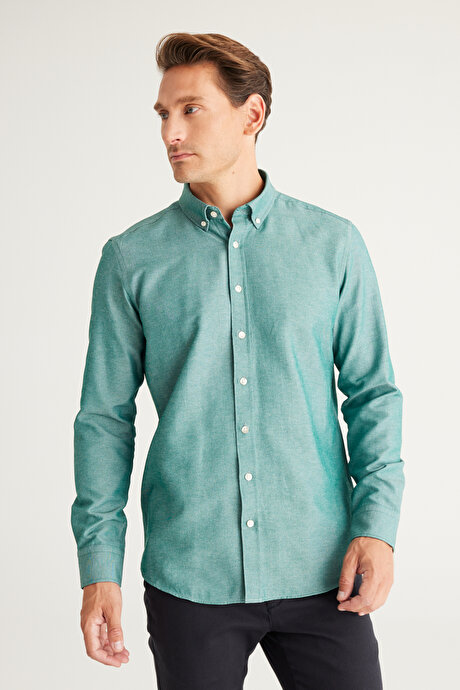 Düğmeli Yaka Kolay Ütülenebilir Pamuklu Slim Fit Dar Kesim Oxford Yeşil Gömlek resmi