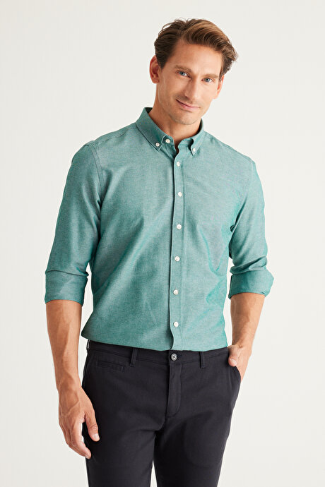 Düğmeli Yaka Kolay Ütülenebilir Pamuklu Slim Fit Dar Kesim Oxford Yeşil Gömlek resmi