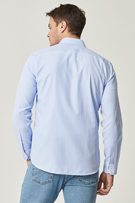 Slim Fit Dar Kesim Klasik Yaka Armürlü Beyaz-Mavi Gömlek resmi