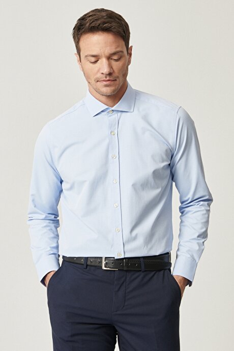 Tailored Slim Fit Dar Kesim İtalyan Yala Pamuklu Armürlü Mavi Gömlek resmi