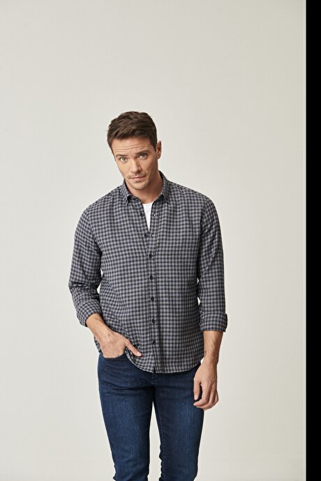 Slim Fit Dar Kesim Düğmeli Yaka Kareli Gri-Lacivert Gömlek resmi