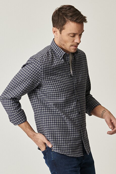 Slim Fit Dar Kesim Düğmeli Yaka Kareli Gri-Lacivert Gömlek resmi
