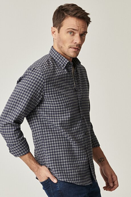 Slim Fit Dar Kesim Düğmeli Yaka Kareli Gri-Lacivert Gömlek resmi