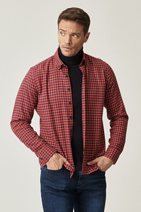 Slim Fit Dar Kesim Düğmeli Yaka Kareli Kırmızı-Lacivert Gömlek resmi