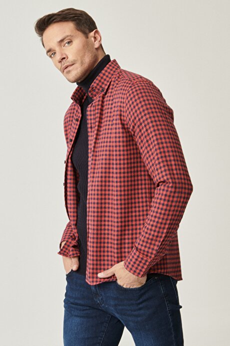 Slim Fit Dar Kesim Düğmeli Yaka Kareli Kırmızı-Lacivert Gömlek resmi