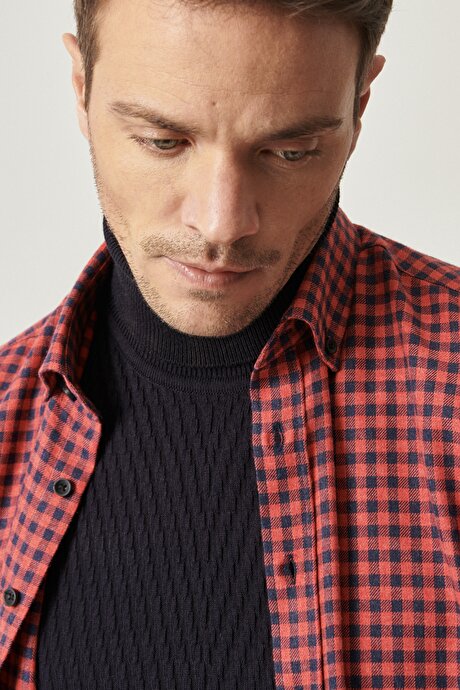 Slim Fit Dar Kesim Düğmeli Yaka Kareli Kırmızı-Lacivert Gömlek resmi