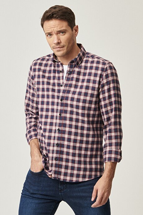 Slim Fit Dar Kesim Düğmeli Yaka Kareli Lacivert-Kırmızı Gömlek resmi
