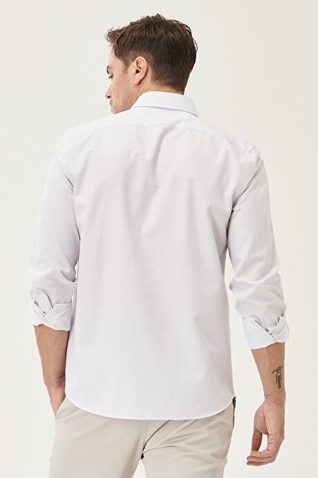 Slim Fit Dar Kesim İtalyan Yaka %100 Pamuk Baskılı Uzun Kollu Beyaz-Gri Gömlek resmi