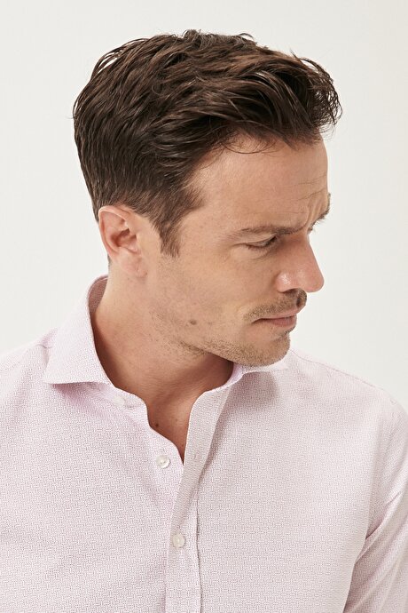 Slim Fit Dar Kesim İtalyan Yaka %100 Pamuk Baskılı Uzun Kollu Beyaz-Bordo Gömlek resmi