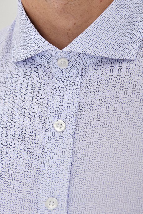 Slim Fit Dar Kesim İtalyan Yaka %100 Pamuk Baskılı Uzun Kollu Beyaz-Mavi Gömlek resmi