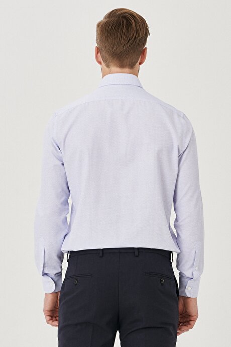 Slim Fit Dar Kesim İtalyan Yaka %100 Pamuk Baskılı Uzun Kollu Beyaz-Mavi Gömlek resmi