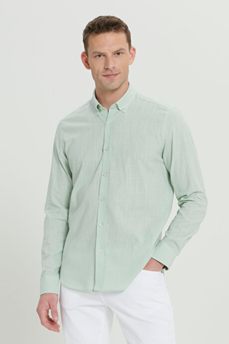 Tailored Slim Fit Dar Kesim Düğmeli Yaka Keten Görünümlü %100 Pamuk Flamlı Açık Mint Gömlek resmi